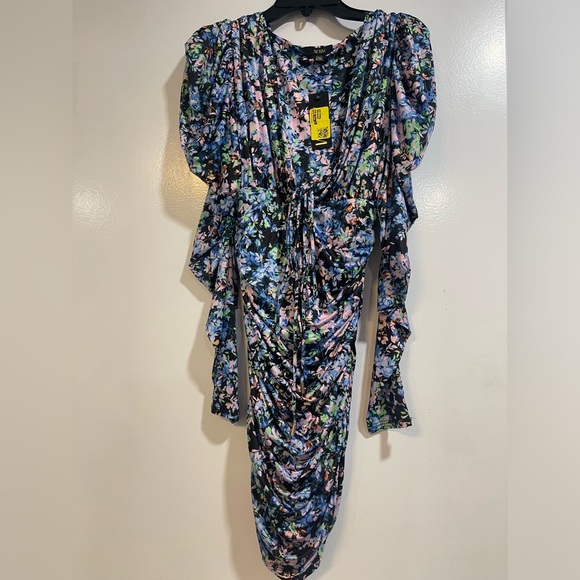 AFRM  Ruched Deep V Neck Floral Stretch Mini Dress Puff Sleeve - Picture 2 of 5